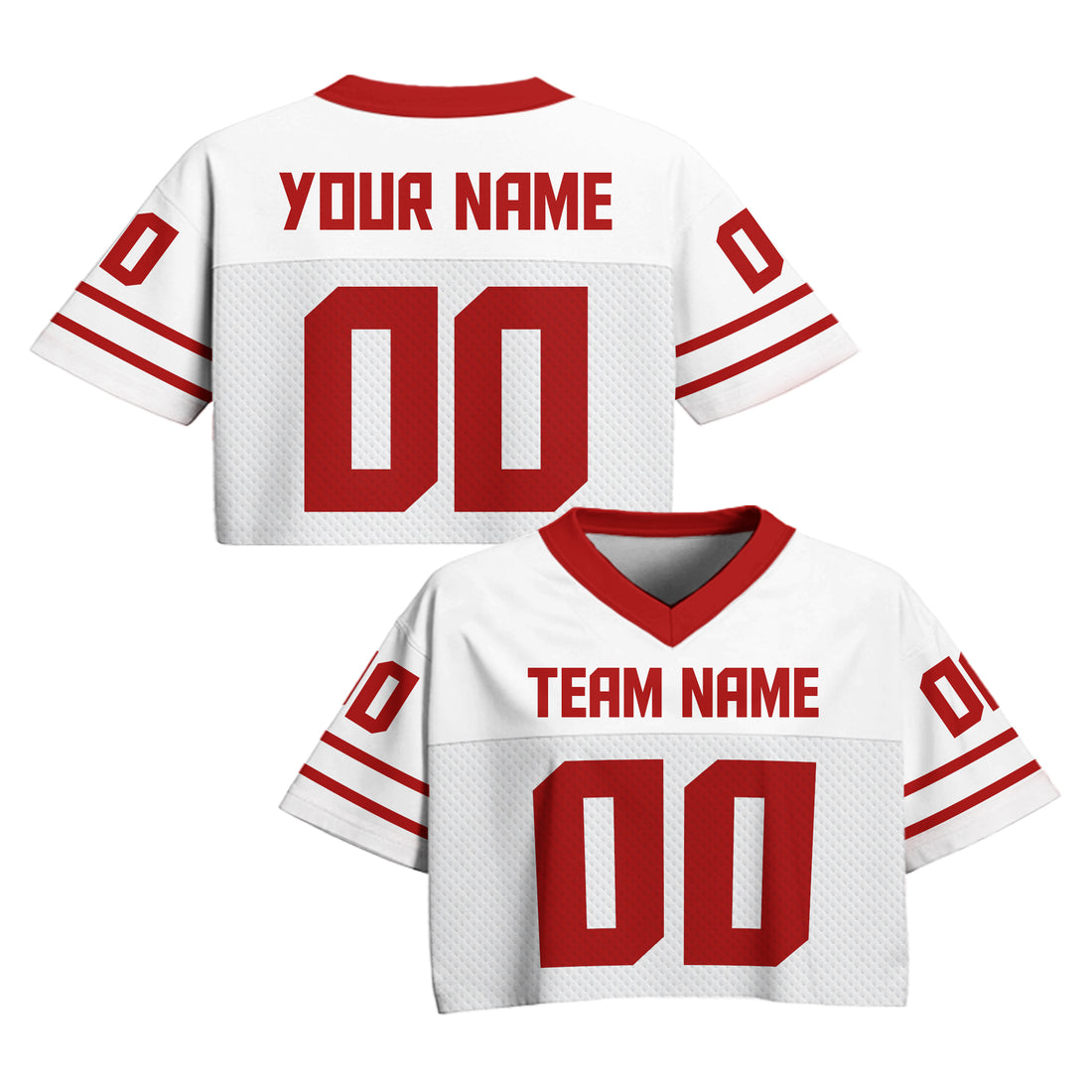Custom White and Red Cropped Football Jersey, Personalized Women’s Game Day Top