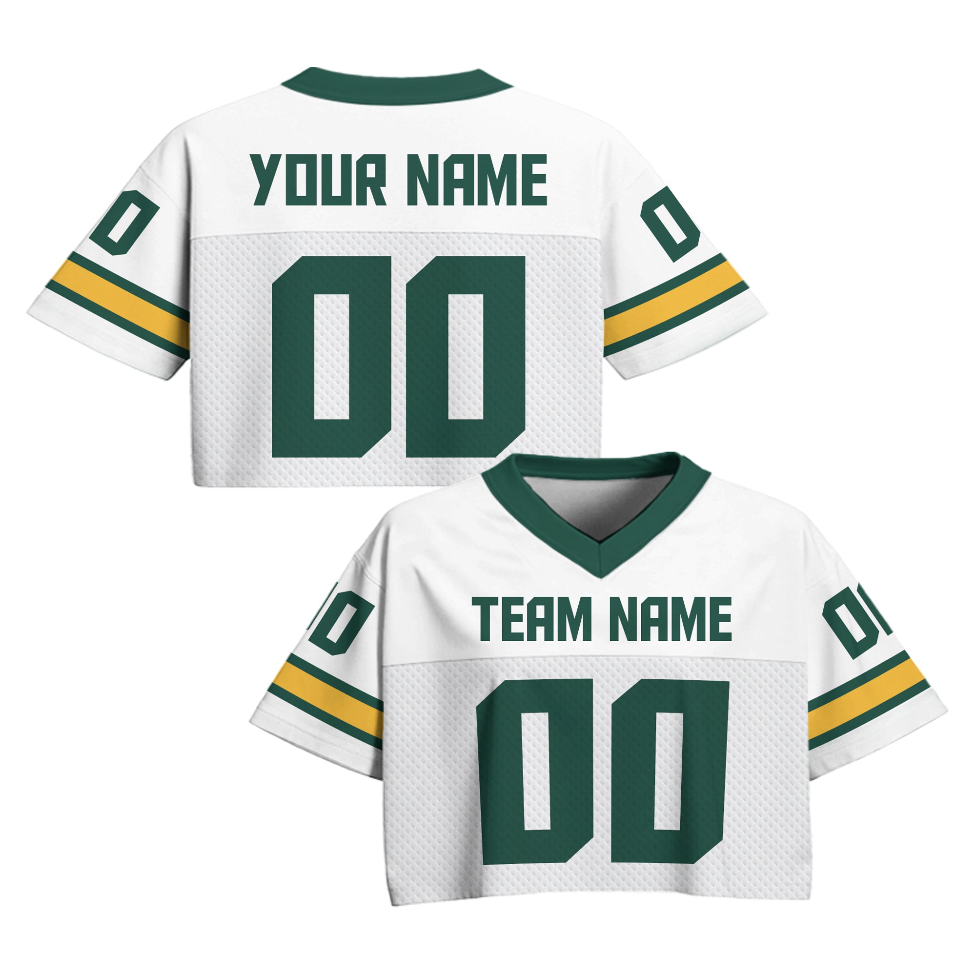 Custom White Green Cropped Football Jersey with Gold Stripes, Personalized Women’s Game Day Outfit