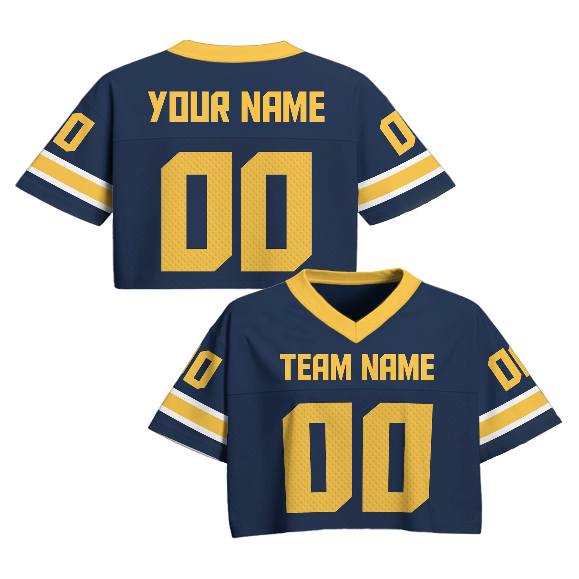 Custom Navy Blue Gold Cropped Football Jersey, Sports Girl Outfit