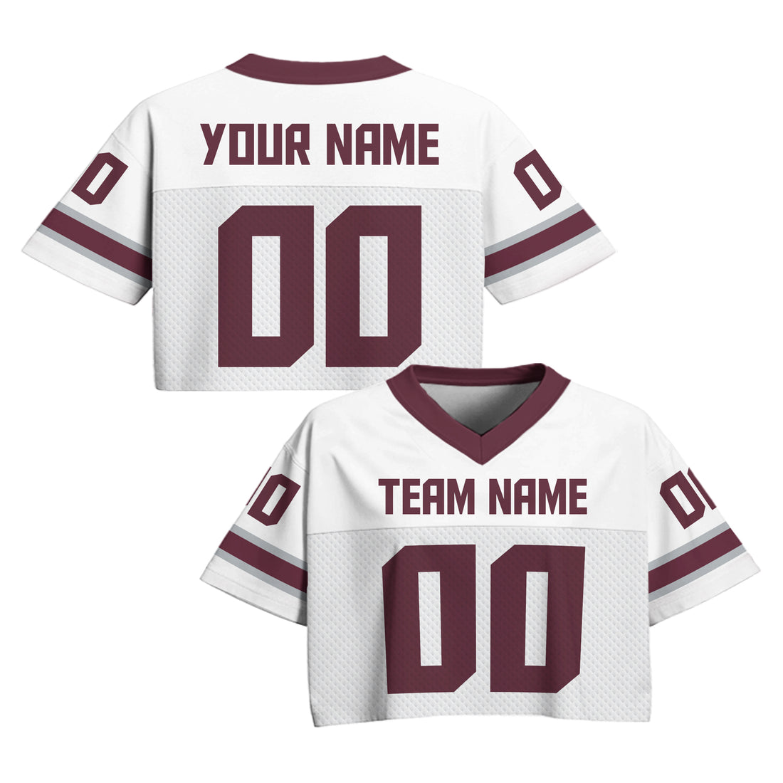 Custom White & Maroon Cropped Football Jersey, Personalized Women’s Game Day Outfit