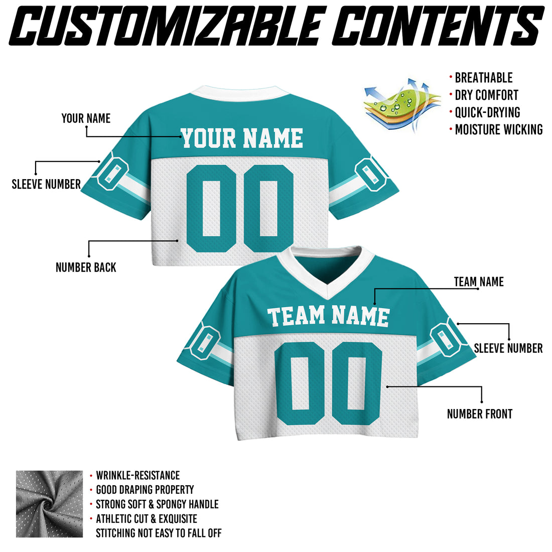 Custom Aqua White Cropped Football Jersey, Cute Football Jersey Crop Top