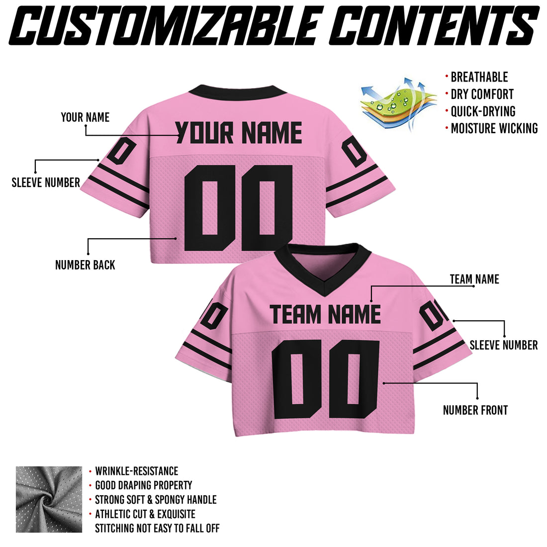 Custom Pink Black Cropped Football Jersey, Personalized Sports Girl Outfit