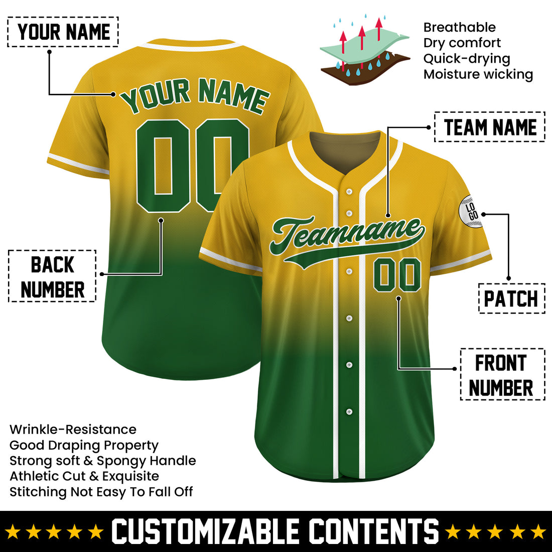Custom Green Gold Fade Gradient Baseball Jersey
