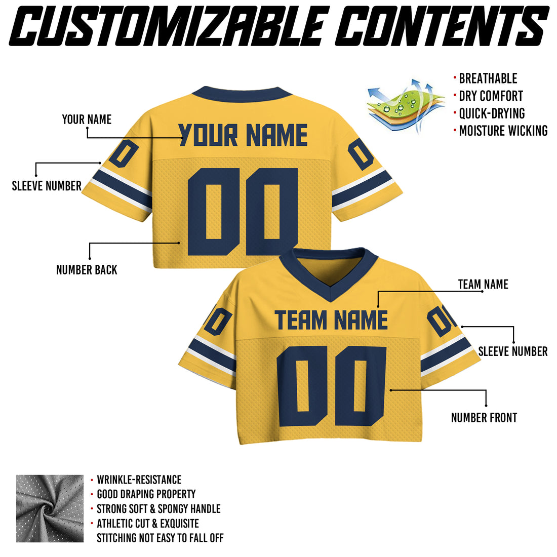 Custom Yellow and Navy Cropped Football Jersey, Personalized Concert & Game Day Outfit