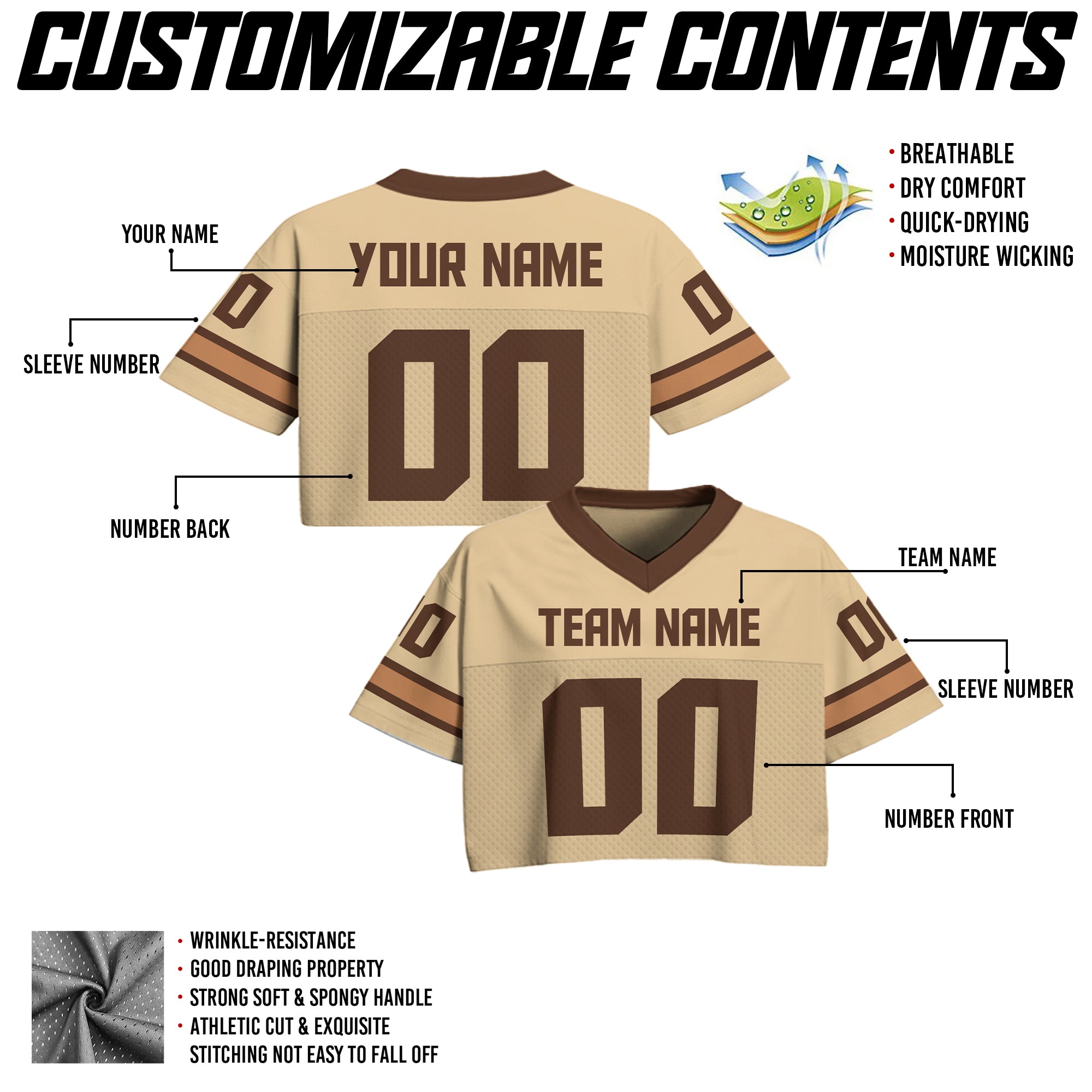 Custom Tan Brown Cropped Football Jersey, Personalized Women’s Game Day Outfit