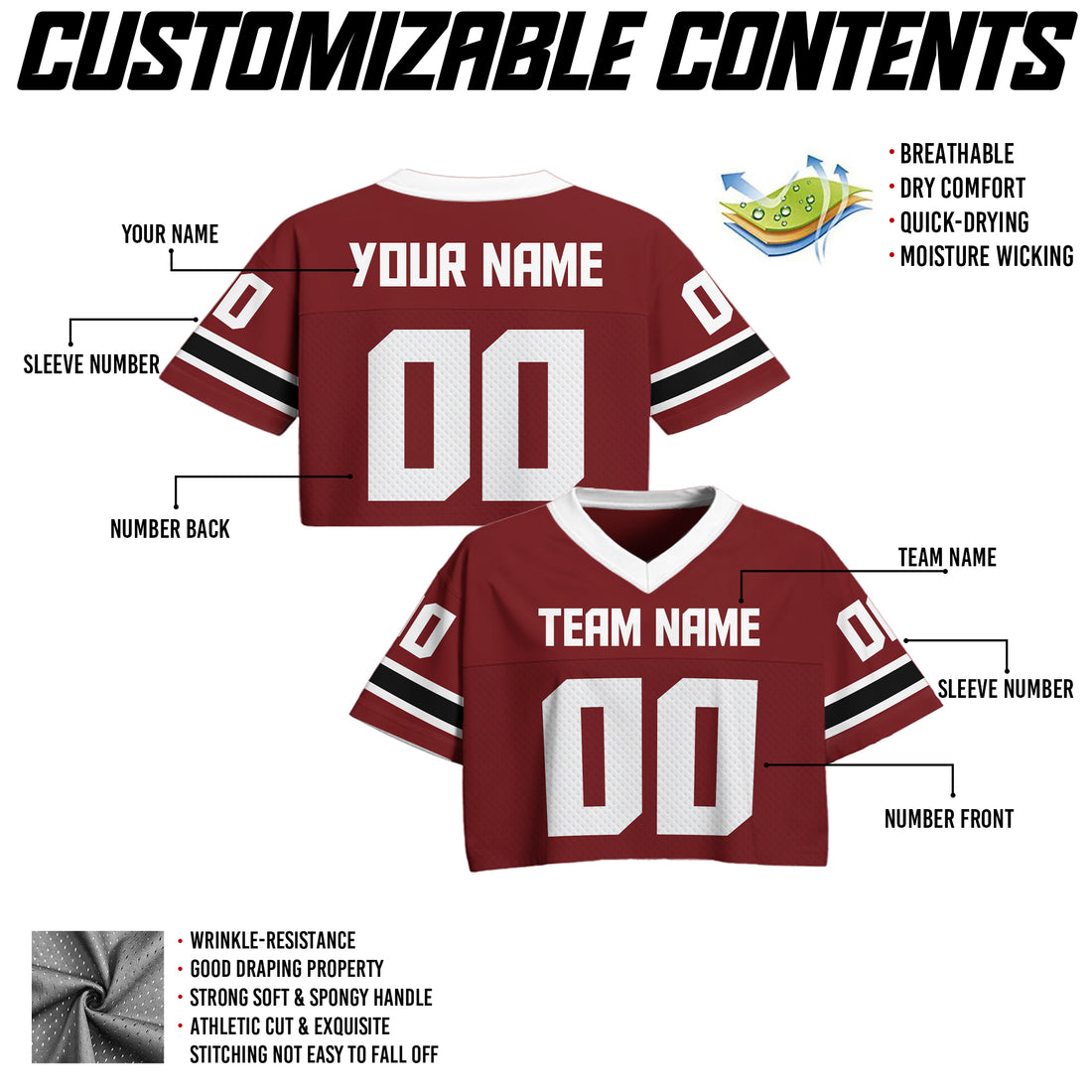 Custom Crimson Red Cropped Football Jersey, Personalized Women’s Game Day Outfit