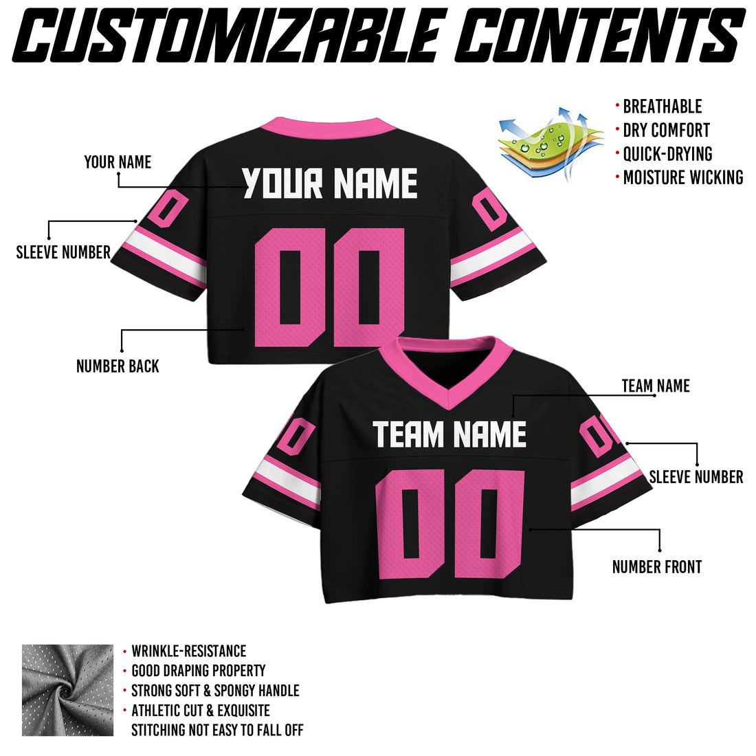 Custom Black and Pink Cropped Football Jersey, Personalized Women’s Game Day Top