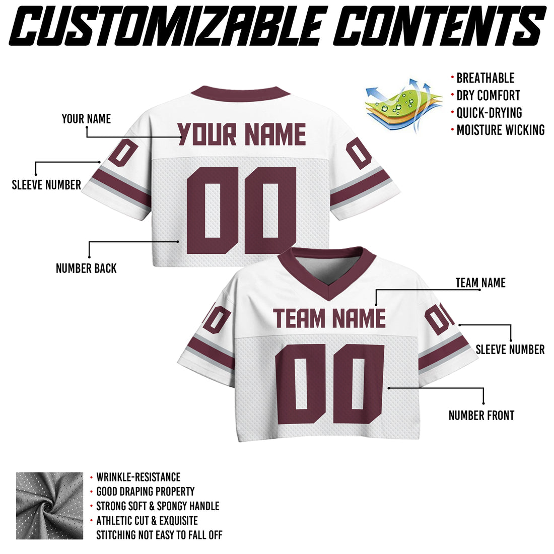 Custom White & Maroon Cropped Football Jersey, Personalized Women’s Game Day Outfit
