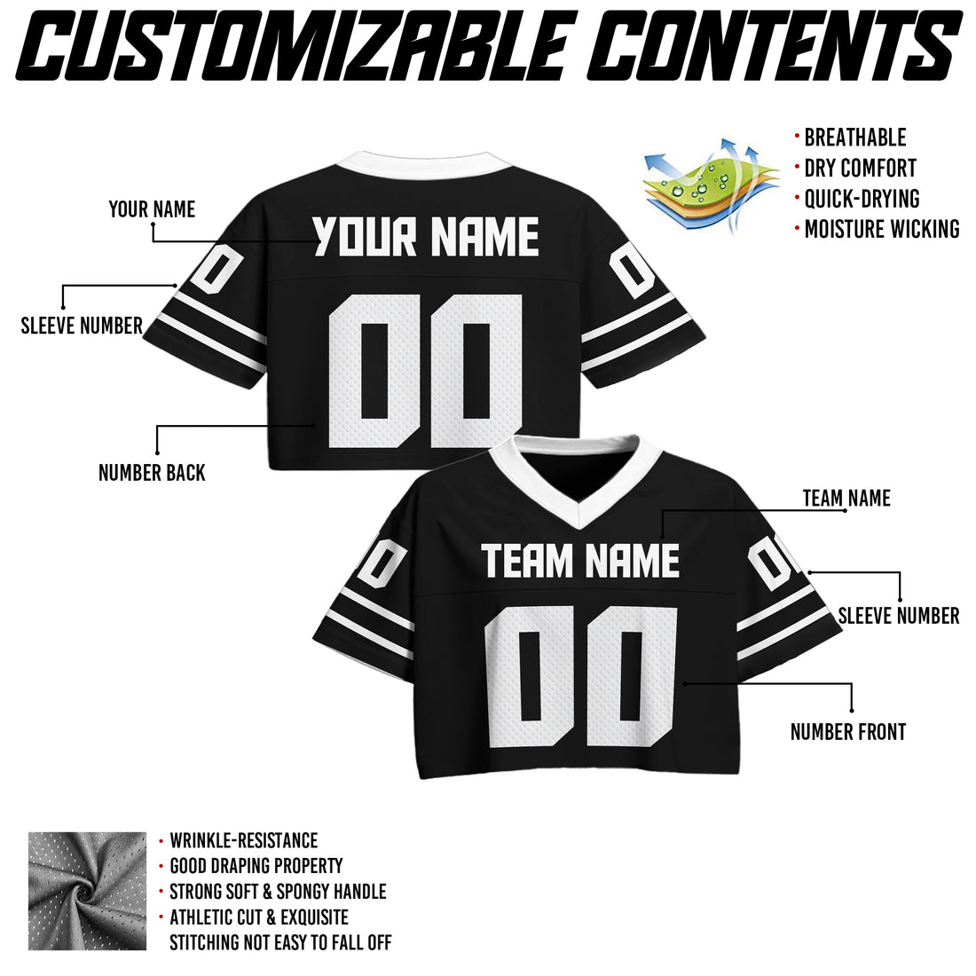 Custom Black White Cropped Football Jersey, Custom Team Name Number Crop Jersey