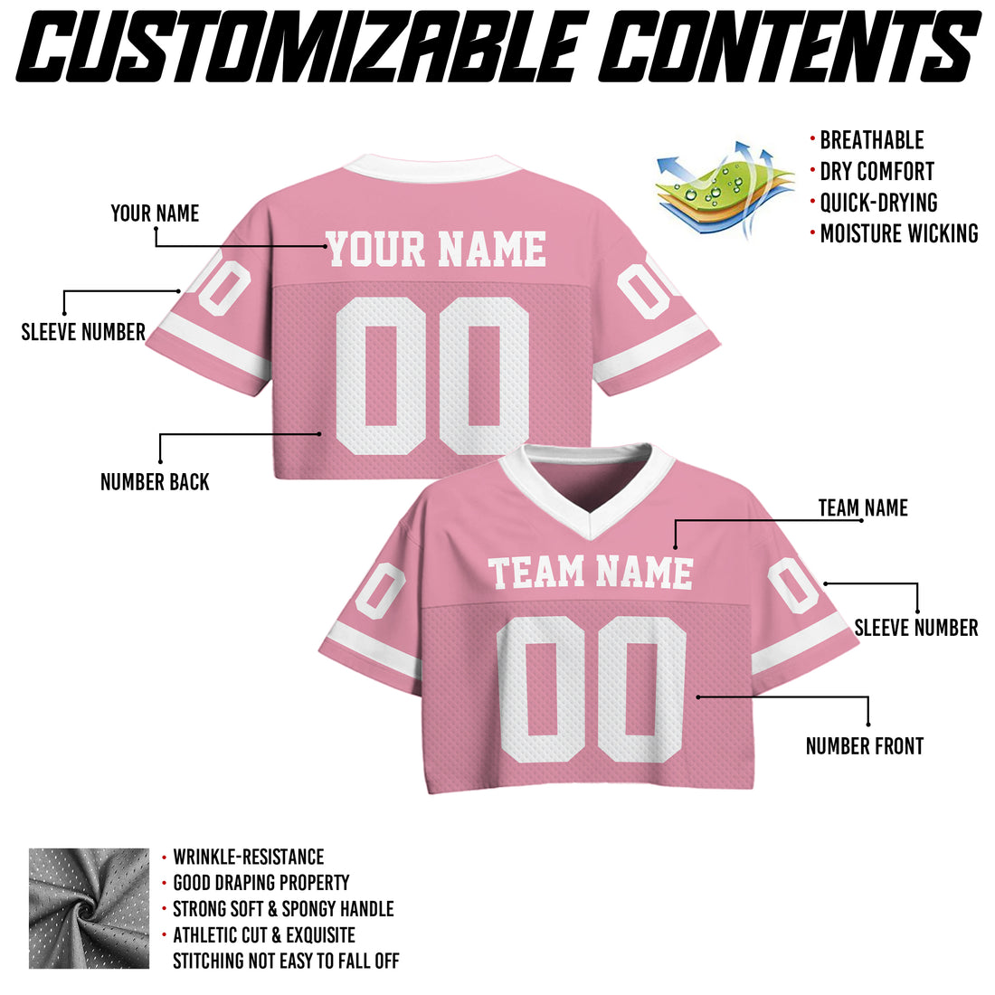 Custom Light Pink White Cropped Football Jersey, Cute Football Jersey Crop Top