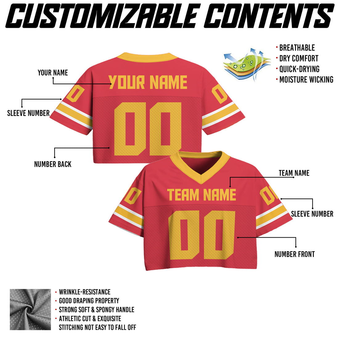 Custom Red Gold Cropped Football Jersey, Personalized Women’s Game Day Outfit