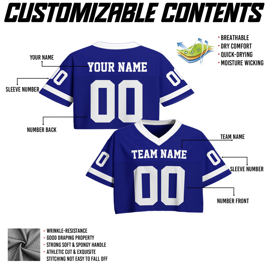 Personalized Royal Blue White Cropped Football Jersey, Sporty Cropped Football Jersey for Concerts and Festivals