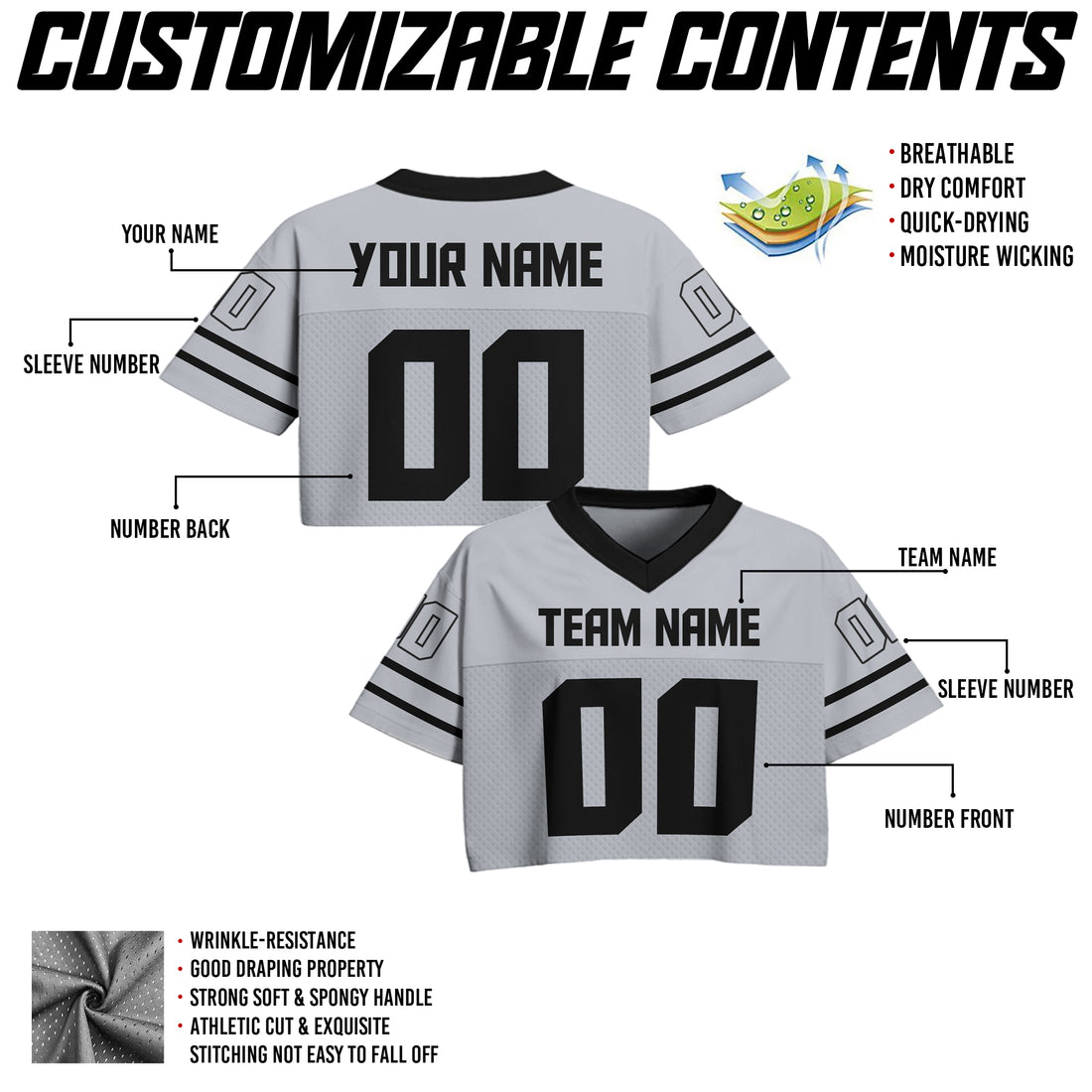 Custom Gray Black Cropped Football Jersey, Trendy Cropped Football Jersey Top for Women