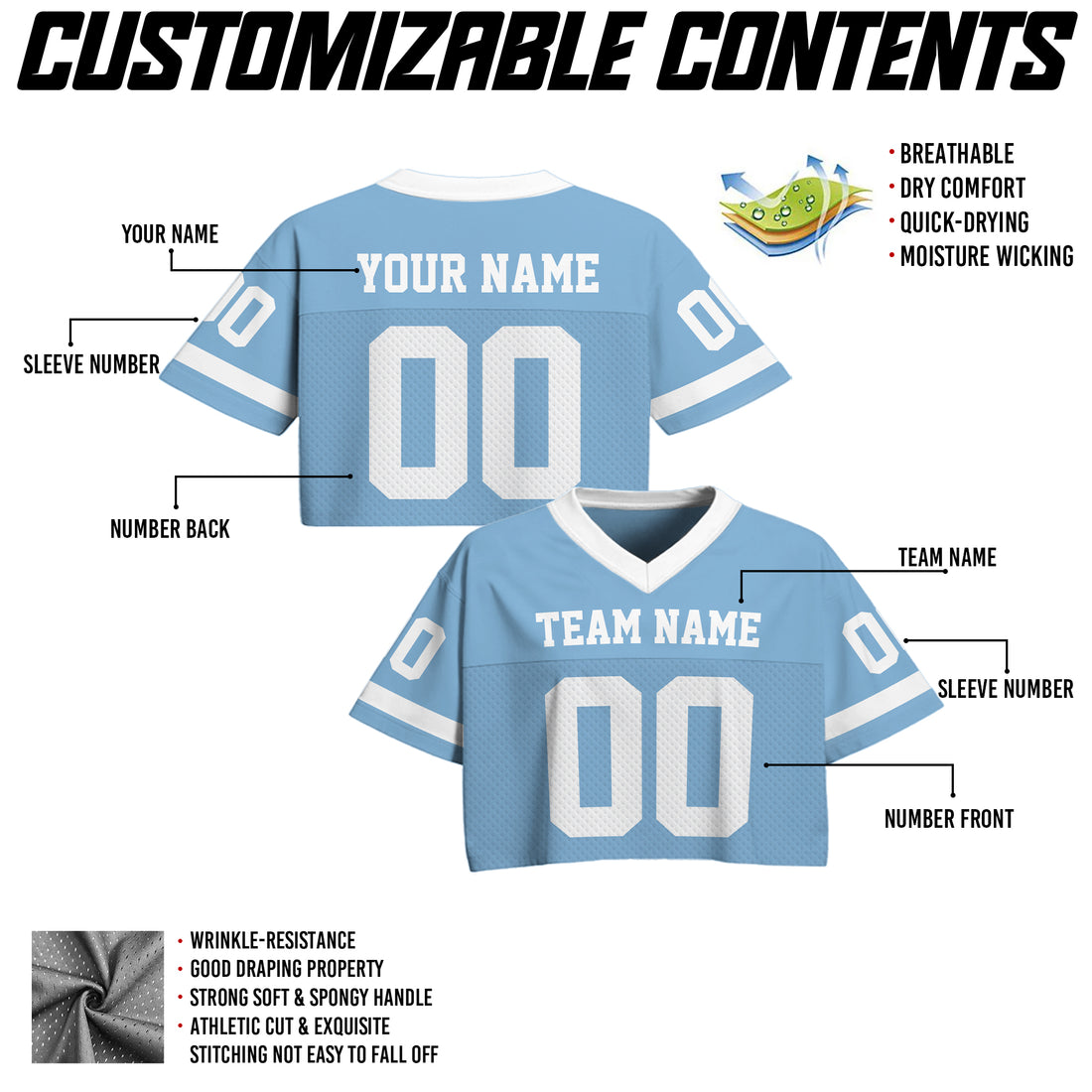 Personalized Light Blue White Cropped Football Jersey, Girls Streetwear Cropped Jerseys Shirt