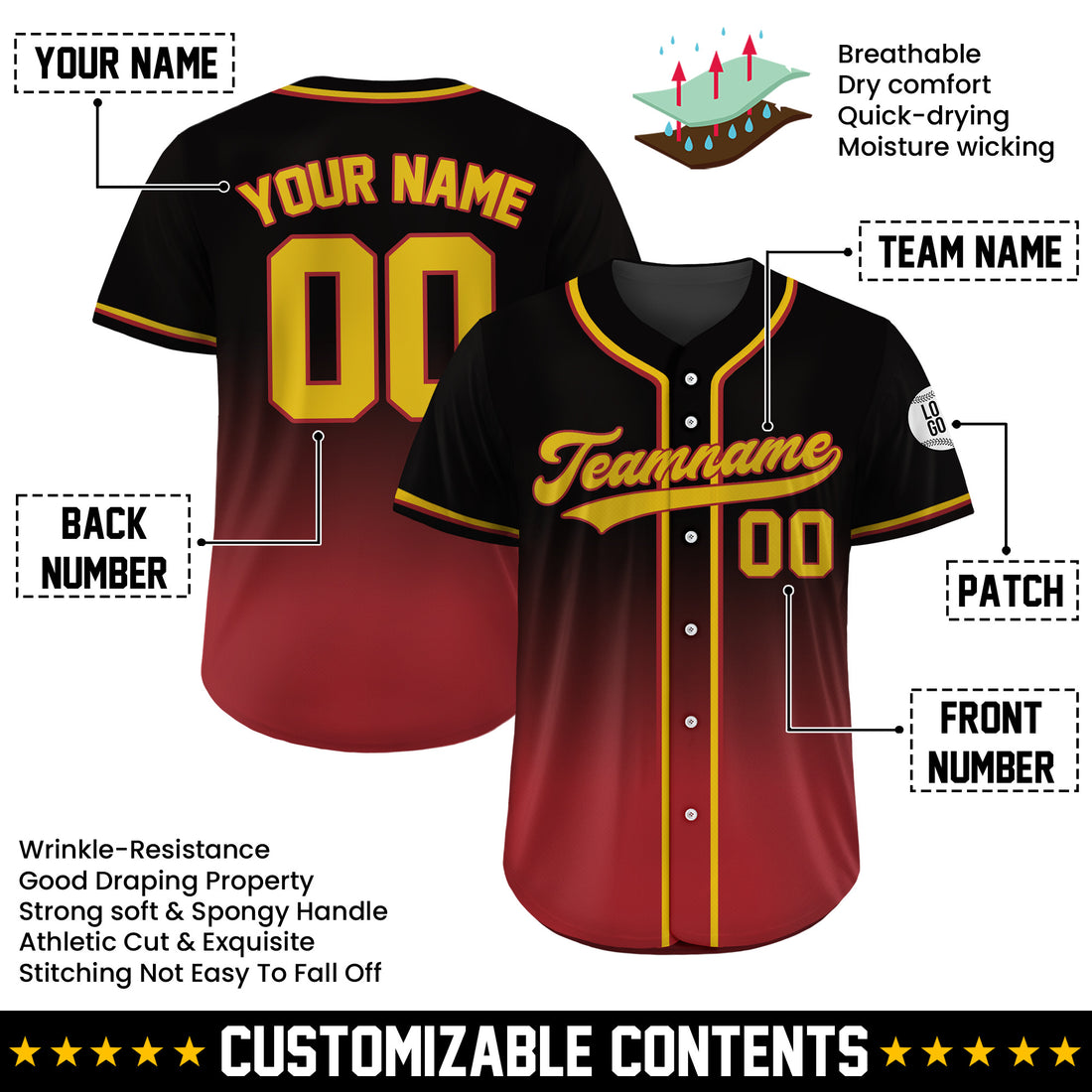 Custom Firegold Fade Gradient Baseball Jersey