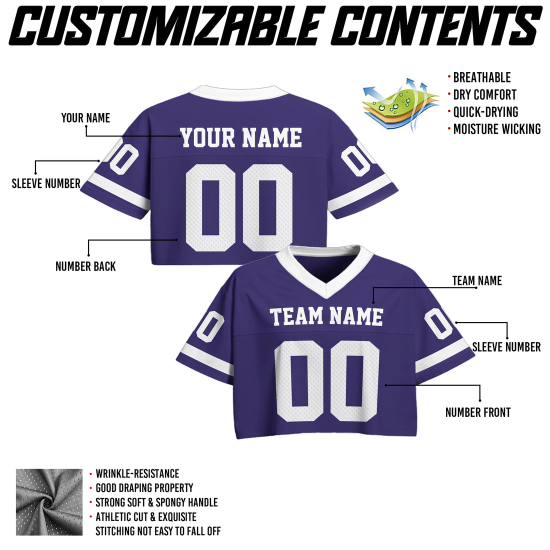 Custom Purple White Cropped Football Jersey, Vintage Cropped Football Jersey