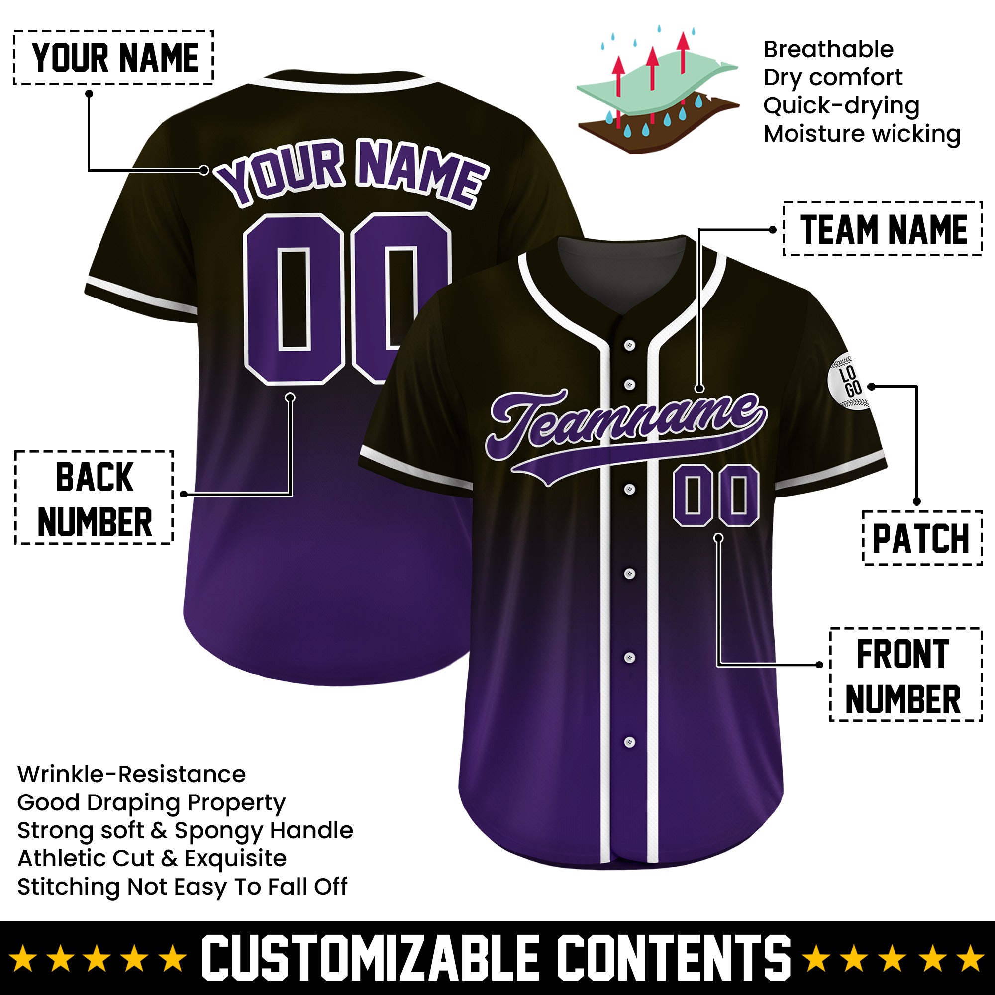 Custom Midnight Amethyst Fade Gradient Baseball Jersey