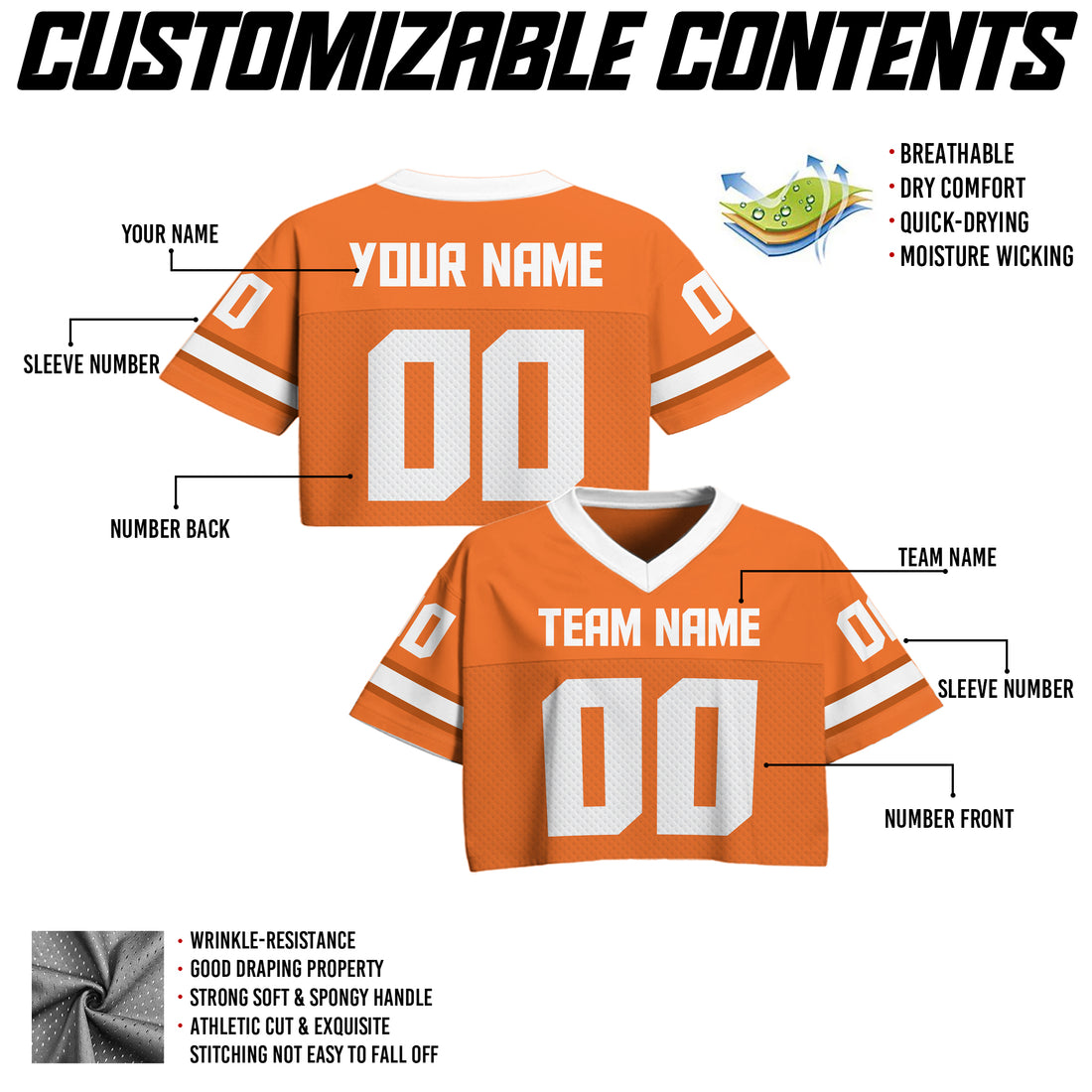 Custom Orange Cropped Football Jersey, Personalized Women’s Game Day Outfit