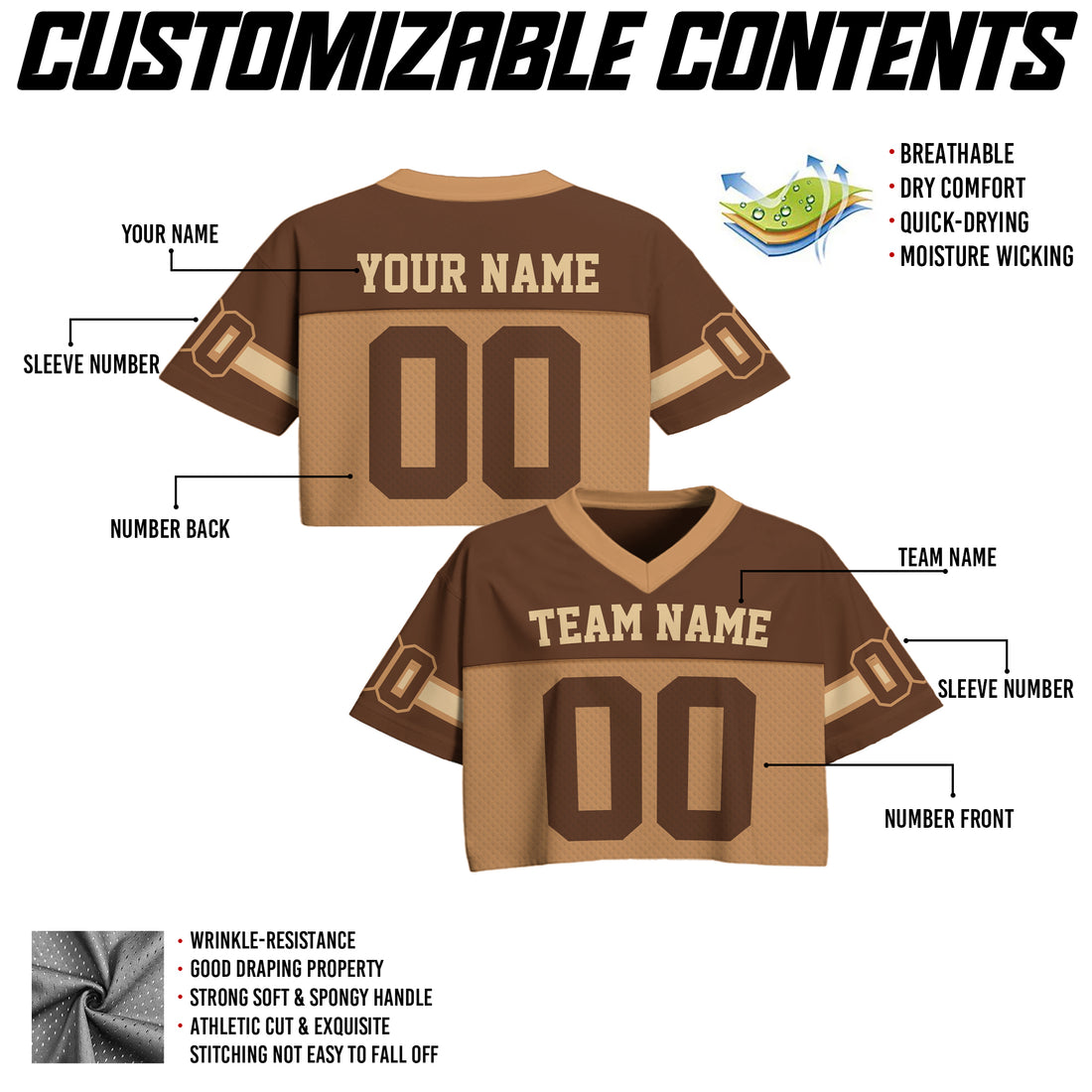 Custom Brown Tan Cropped Football Jersey, Girls Streetwear Cropped Jerseys Shirt