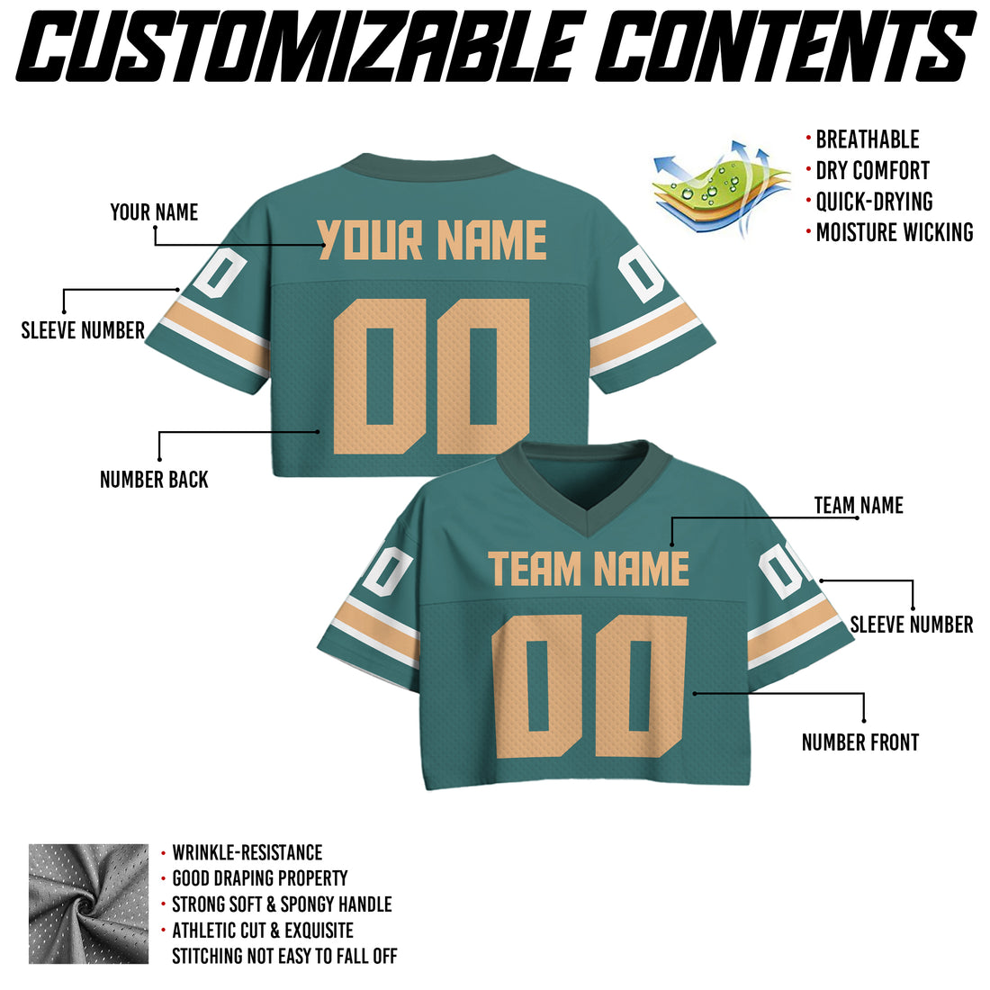 Custom Teal Gold Cropped Football Jersey, Girls Streetwear Cropped Jerseys Shirt