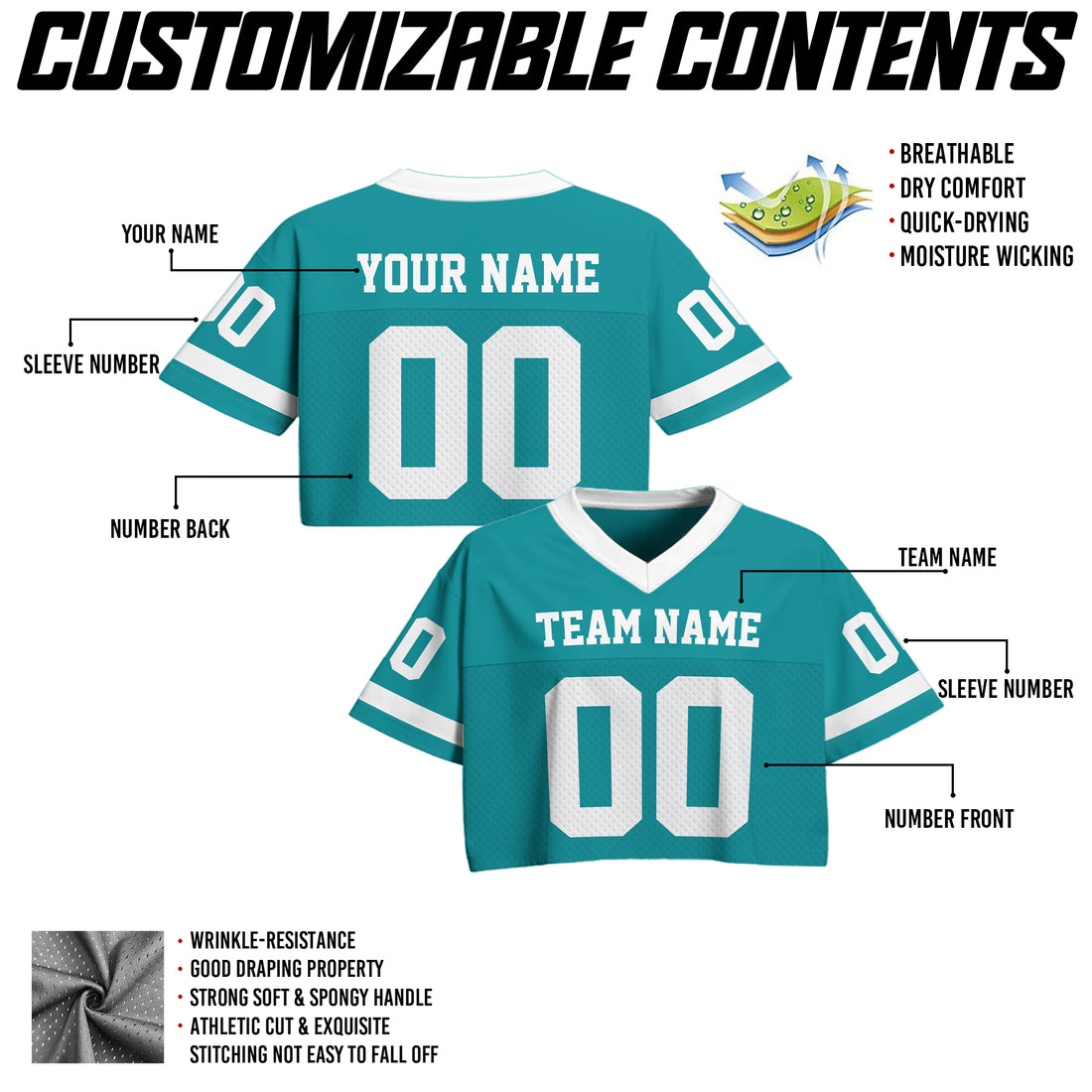 Custom Teal White Cropped Football Jersey, Gameday Cropped Football Jersey