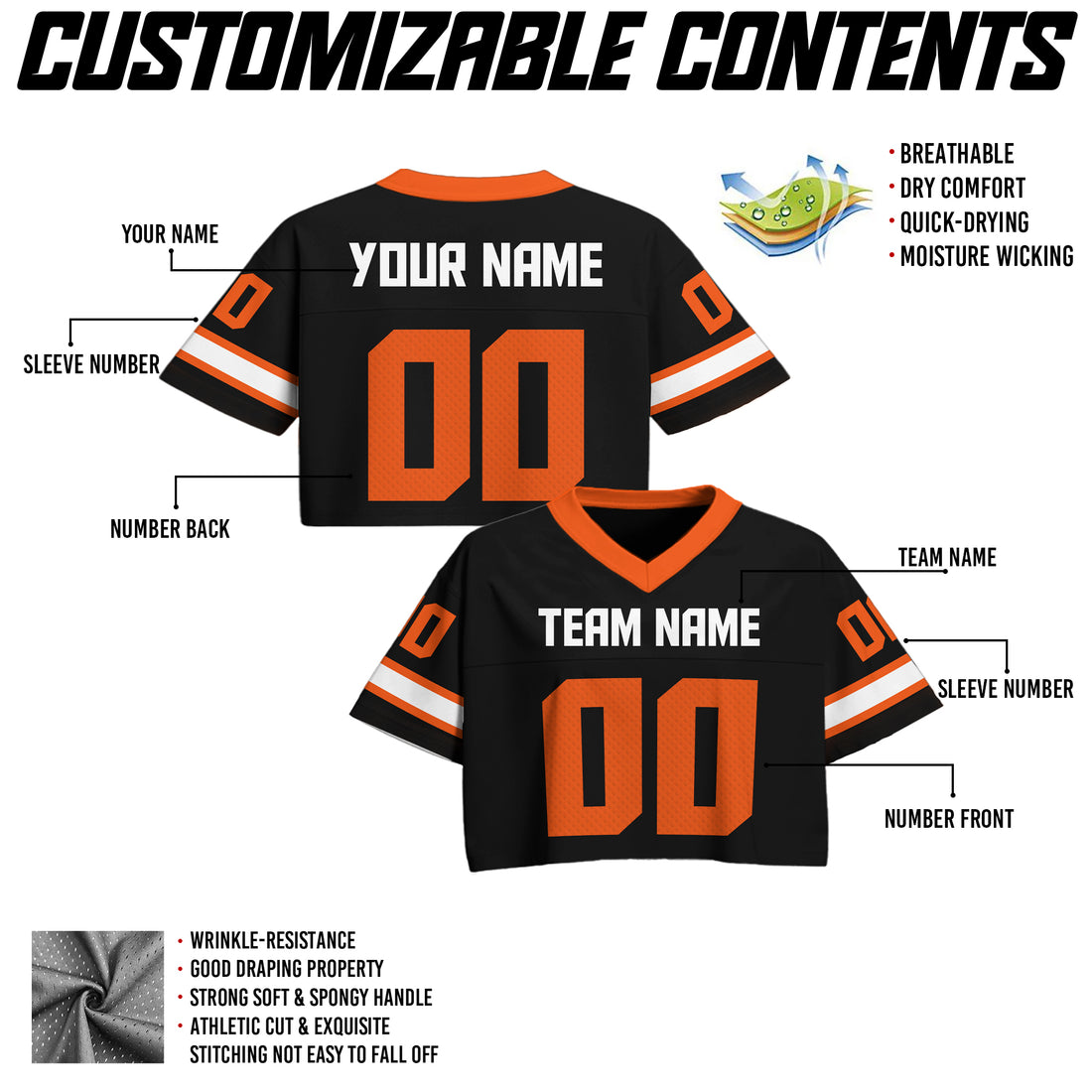 Custom Black and Orange Cropped Football Jersey, Gift for Her