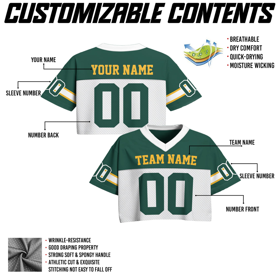 Custom Green White Cropped Football Jersey, Gameday Cropped Football Jersey