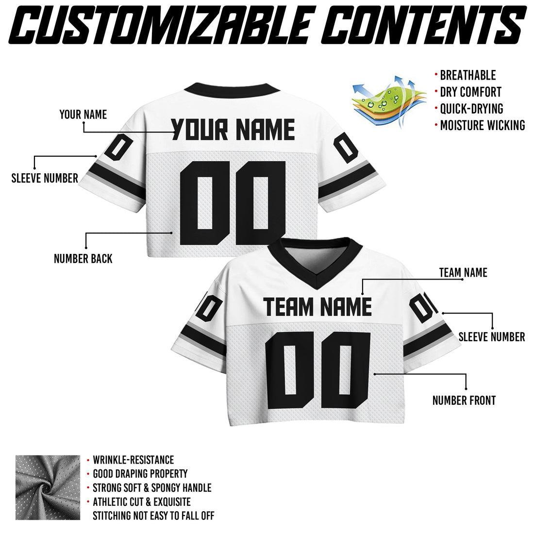 Custom White Black Cropped Football Jersey, Hip Hop Streetwear