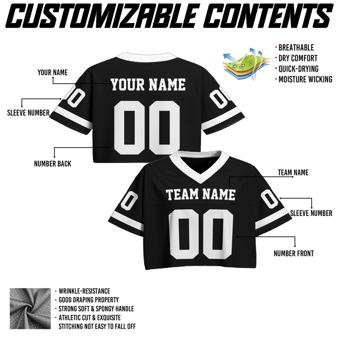 Personalized Black White Cropped Football Jersey, Fashionable Cropped Jersey for a Gameday Outfit