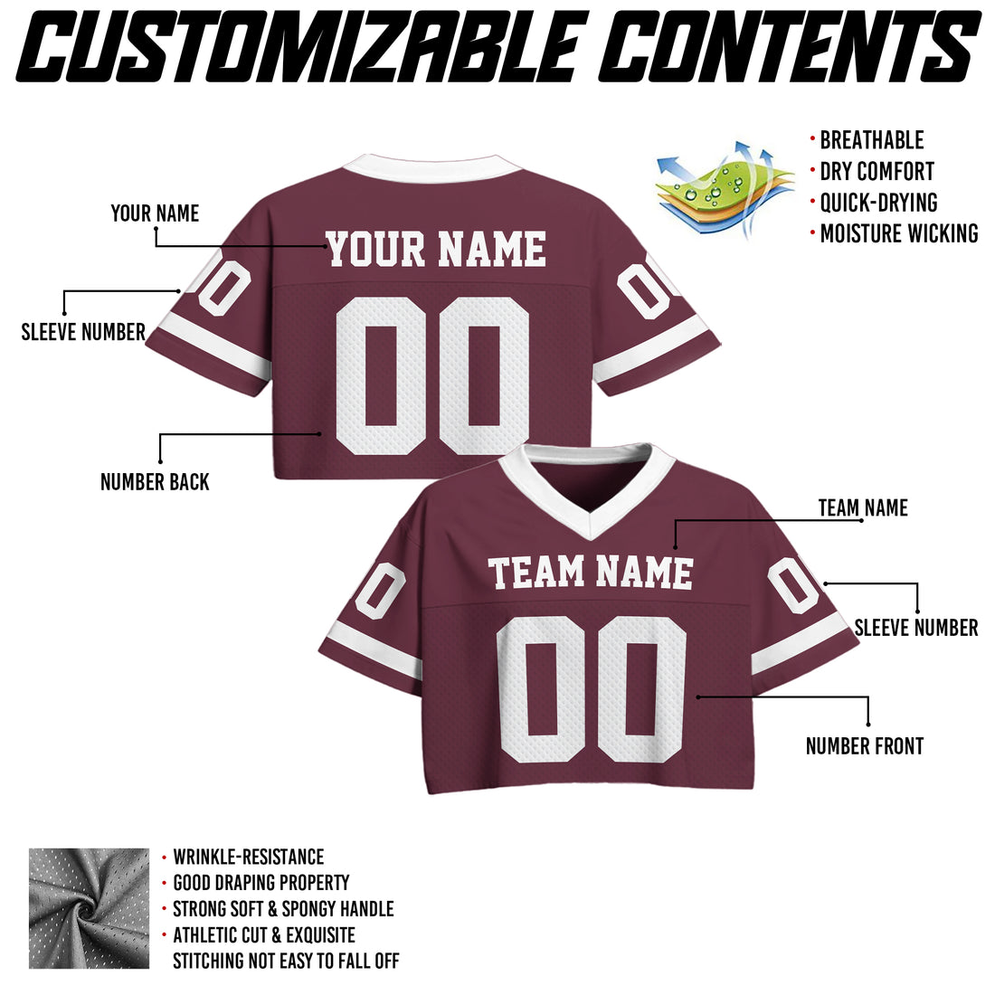 Personalized Dark Maroon White Cropped Football Jersey, Stylish Cropped Jersey for Women