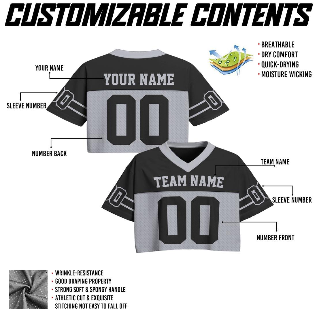 Custom Black Gray Cropped Football Jersey, Relaxed Fit Cropped American Football Jersey