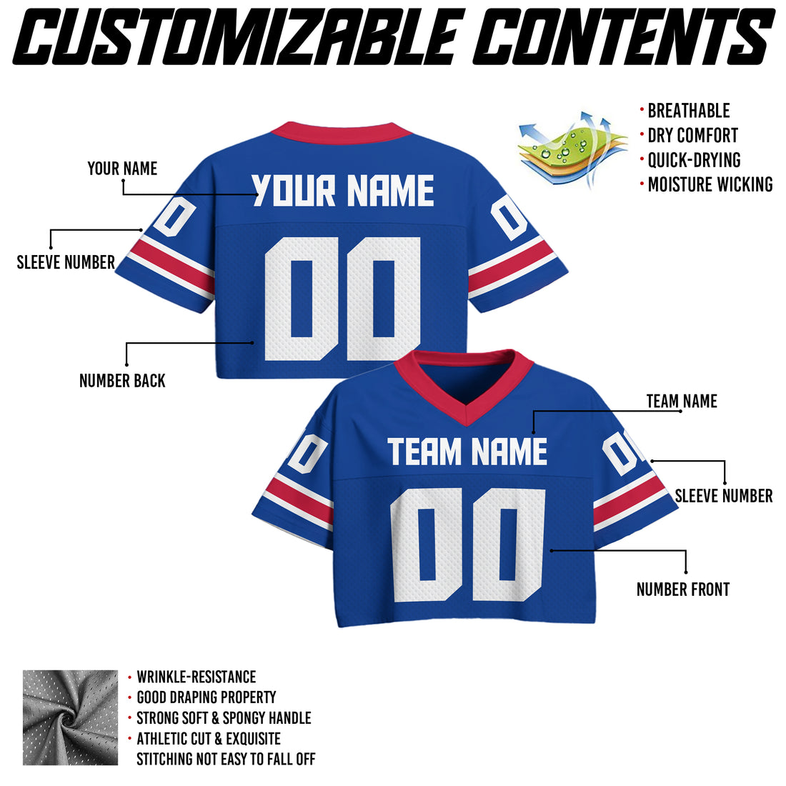 Custom Royal Blue Cropped Football Jersey, Personalized Game Day Outfit for Women Girl