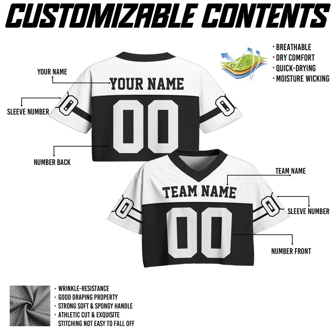 Custom Black White Cropped Football Jersey, Women's Mesh Cropped Football Jersey for Streetwear