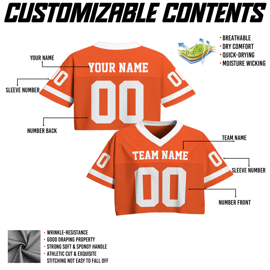 Custom Orange White Cropped Football Jersey, Sporty Cropped Football Jersey for Concerts and Festivals