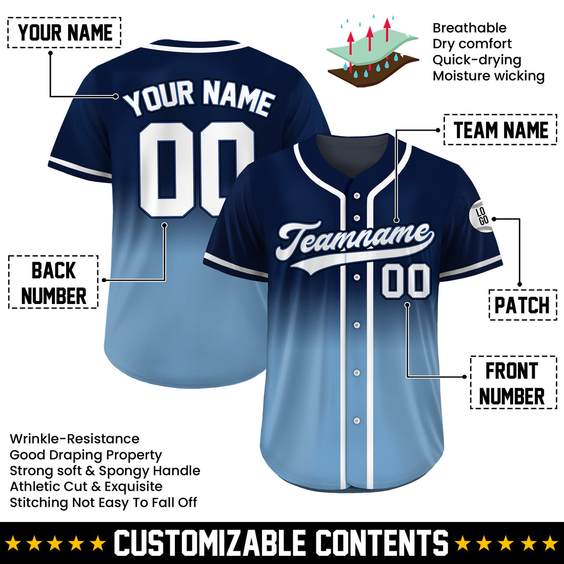 Custom Ocean Fade Gradient Baseball Jersey