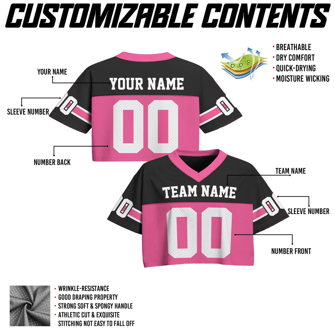 Custom Black Pink Cropped Football Jersey, Sports Girl Outfit