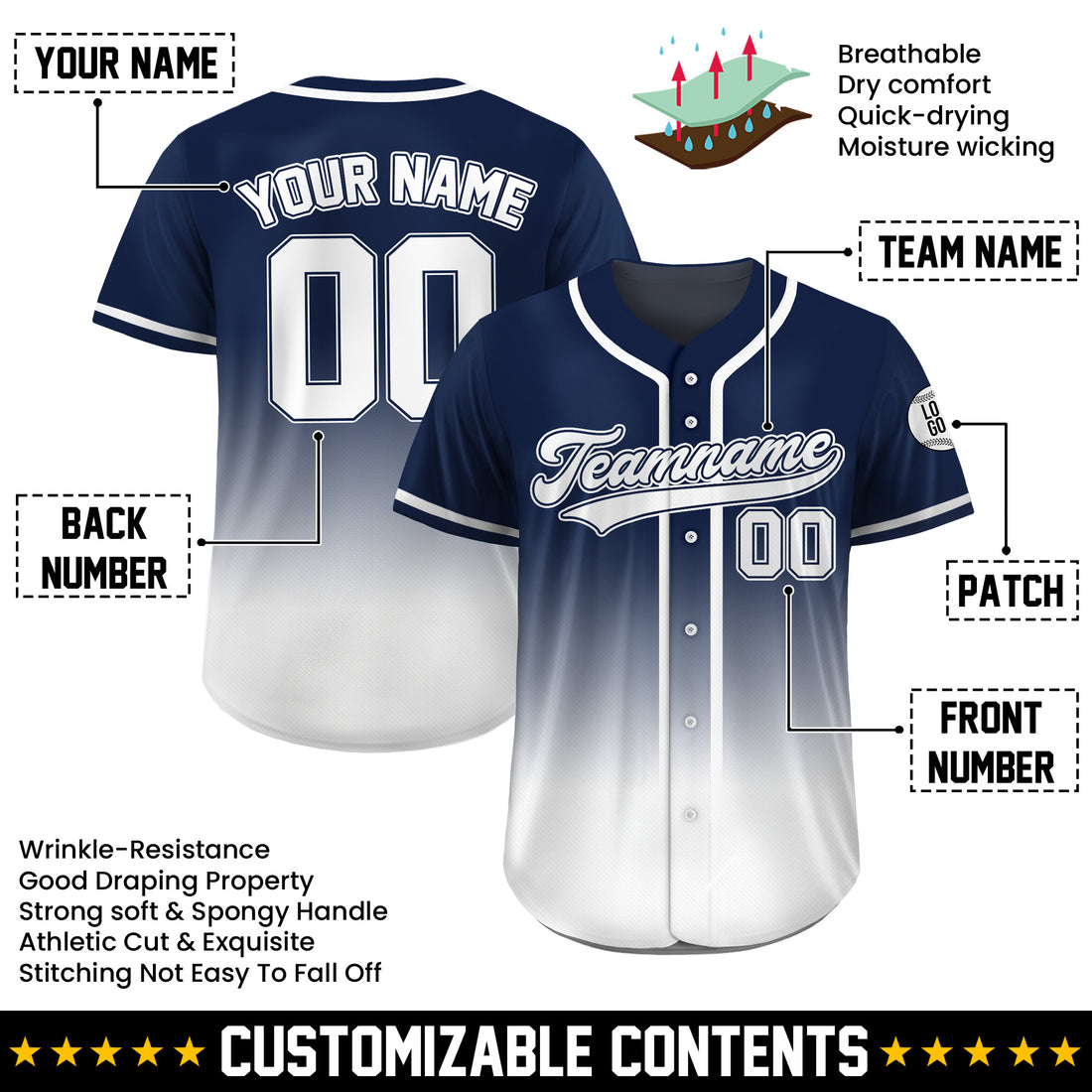 Custom Navy Frost Fade Gradient Baseball Jersey