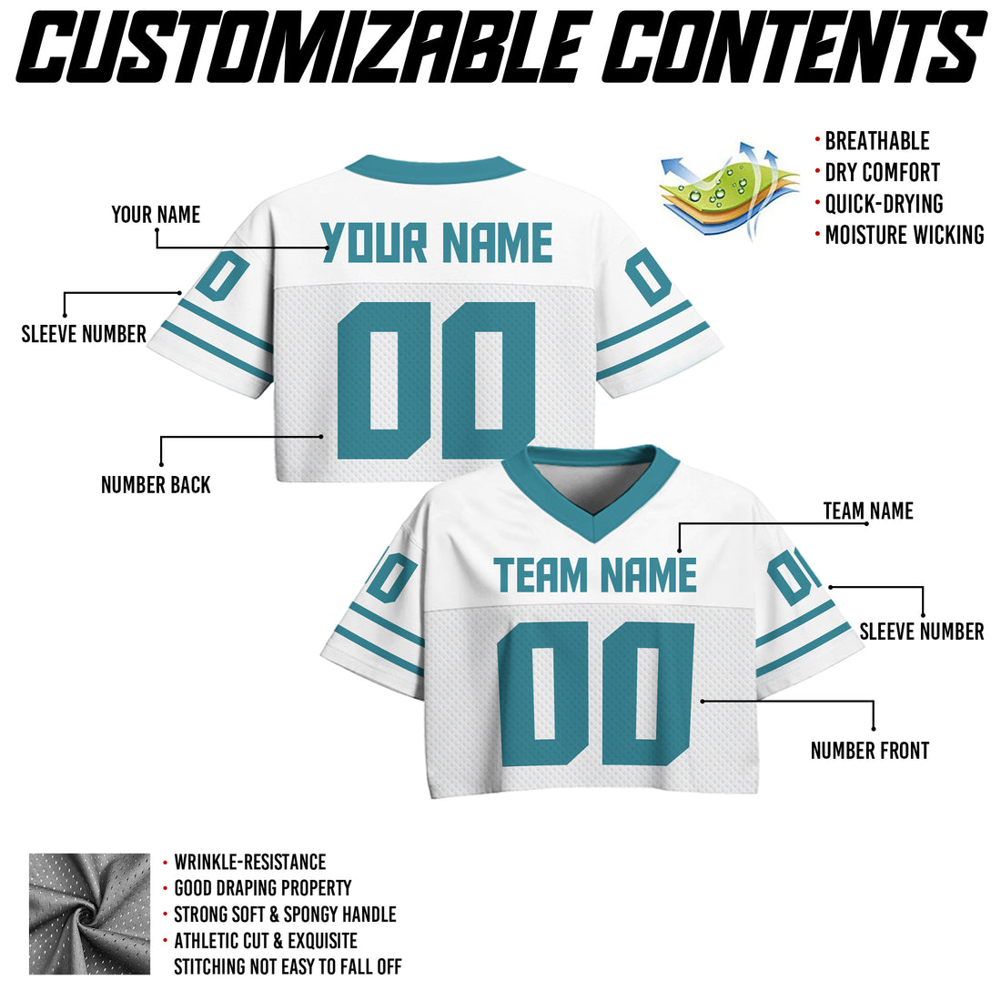 Custom White and Teal Cropped Football Jersey, Custom Fan Apparel for Game Day