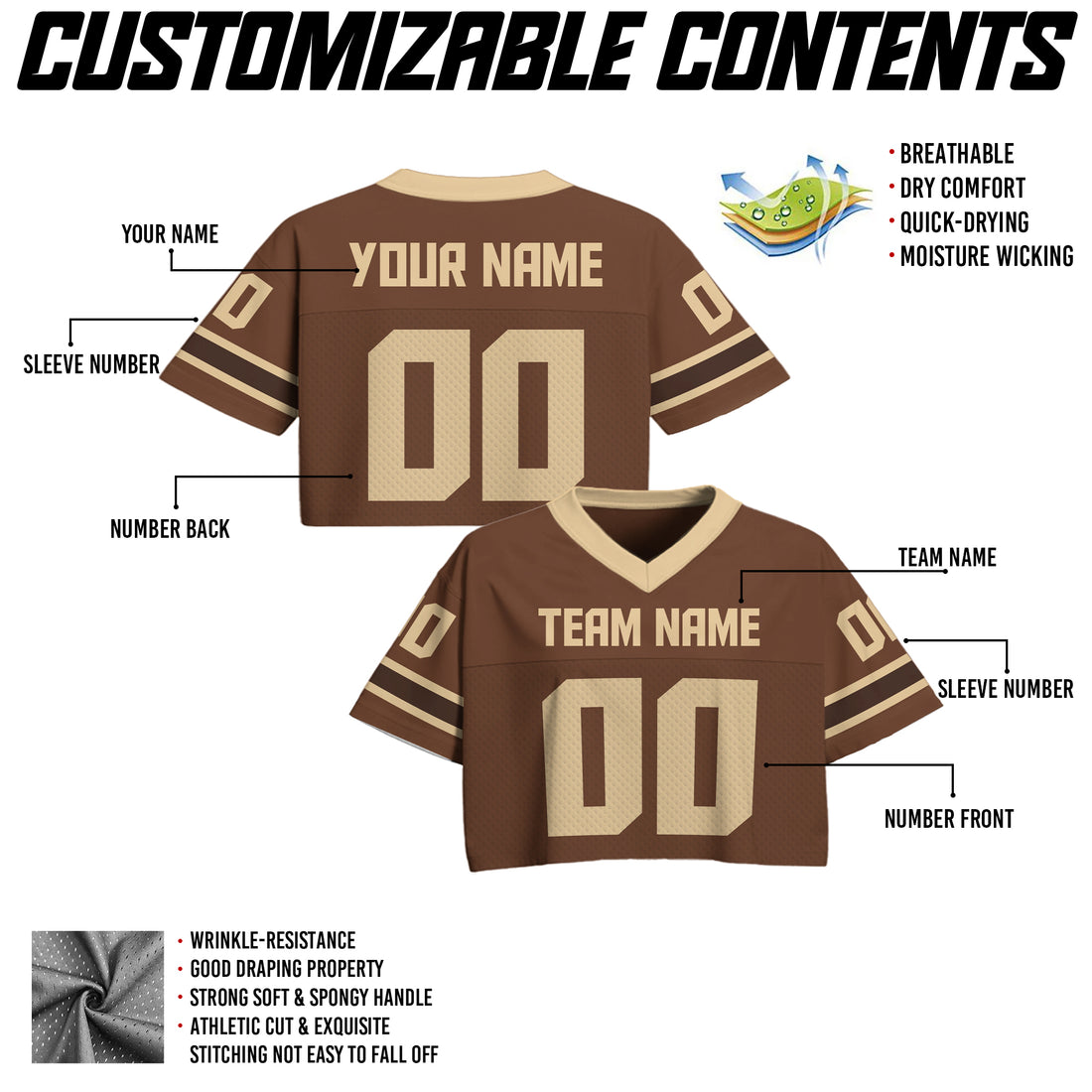 Custom Brown Tan Cropped Football Jersey, Personalized Women’s Game Day Outfit