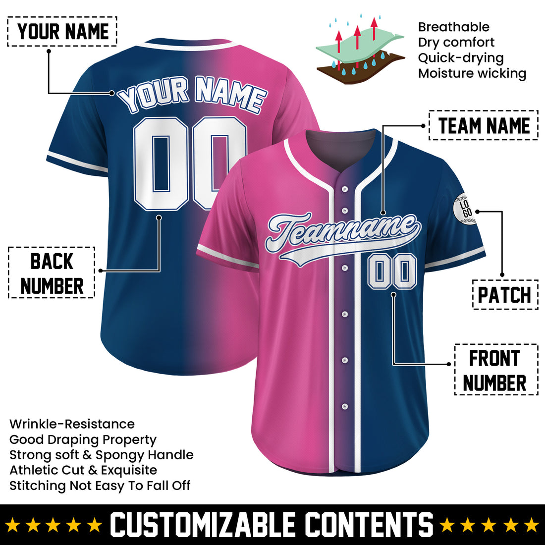 Custom Bubblegum Navy Split Gradient Baseball Jersey