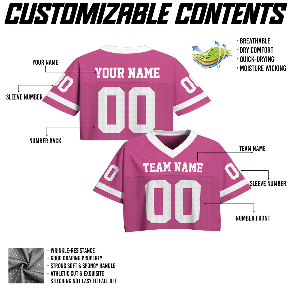 Personalized Pink White Cropped Football Jersey, Trendy Cropped Football Jersey Top for Women
