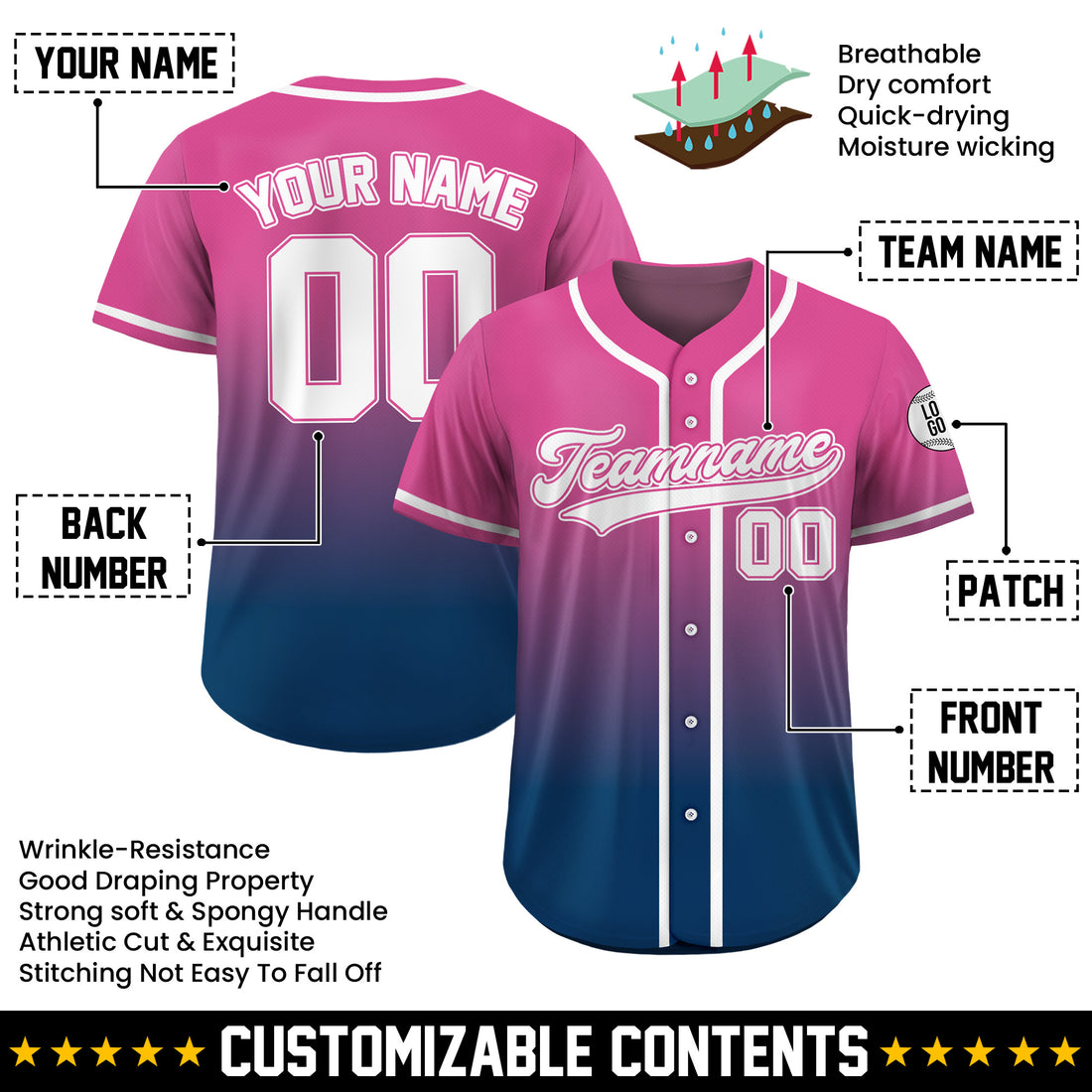 Custom Cotton Candy Fade Gradient Baseball Jersey