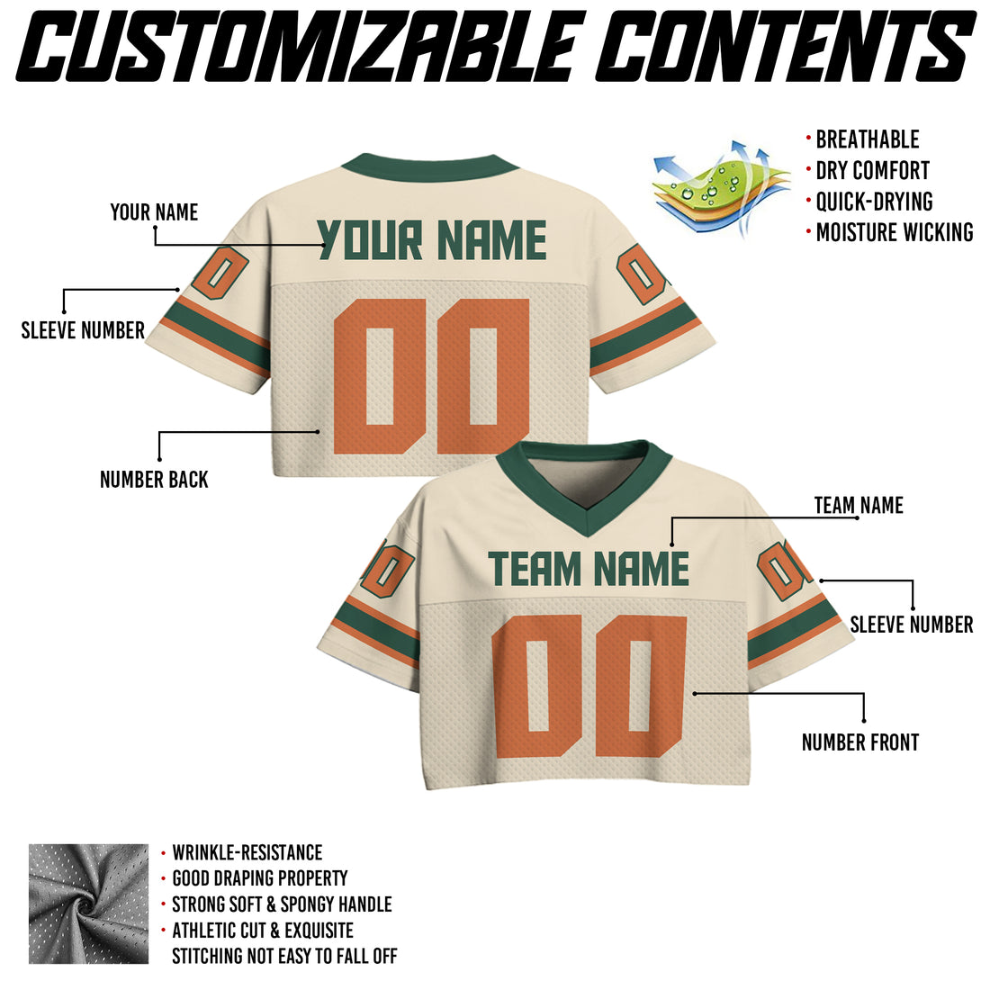Custom Cream Orange Cropped Football Jersey, Personalized Streetwear for Women Girl