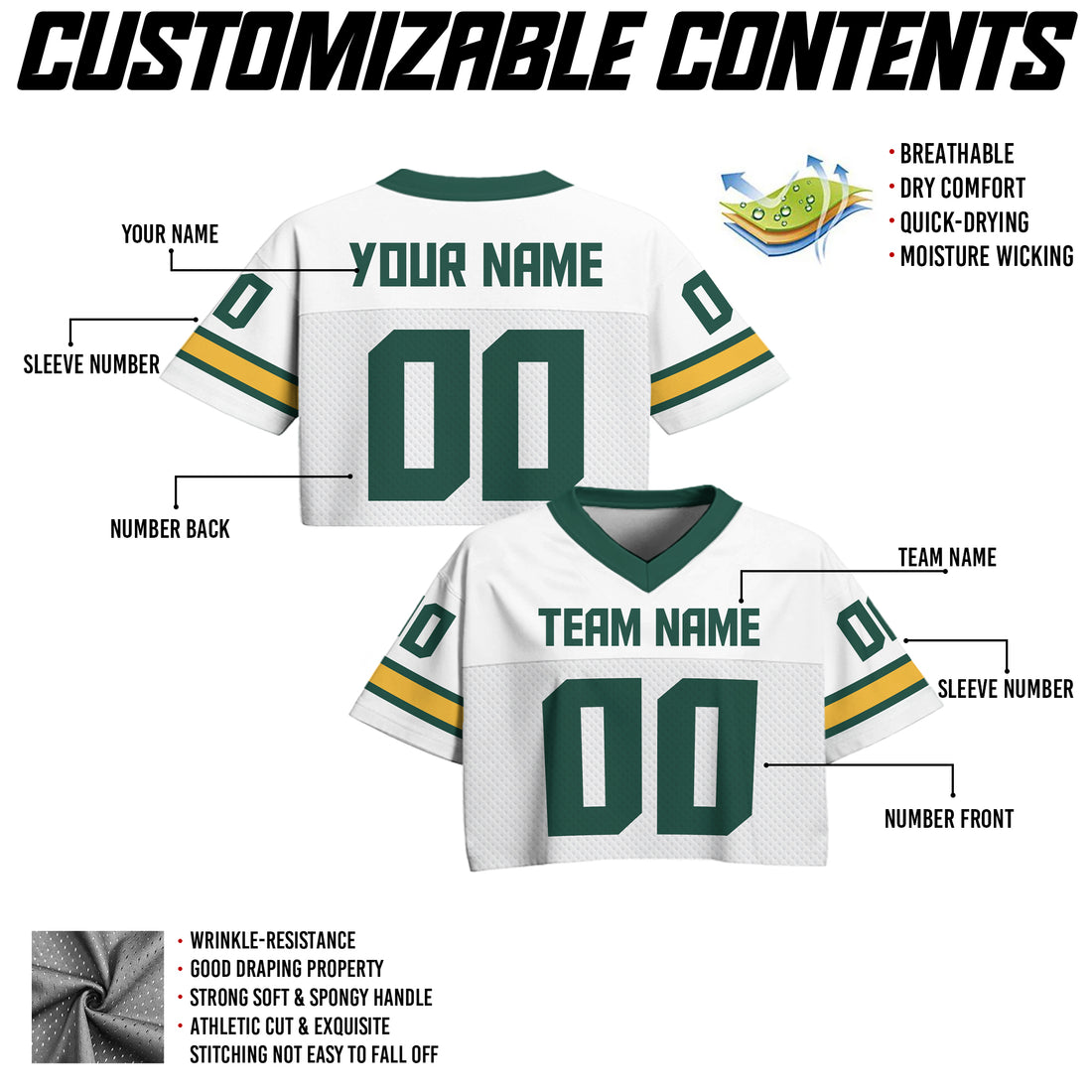 Custom White Green Cropped Football Jersey with Gold Stripes, Personalized Women’s Game Day Outfit