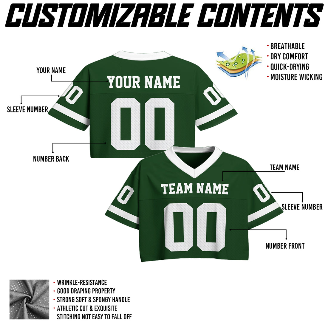 Personalized Green White Cropped Football Jersey, Relaxed Fit Cropped American Football Jersey