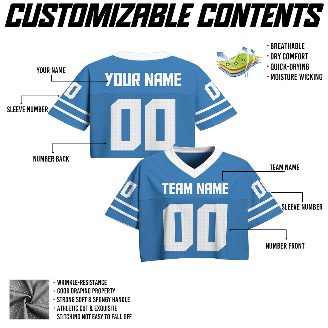 Custom Light Blue Cropped Football Jersey, Personalized Women’s Game Day Outfit