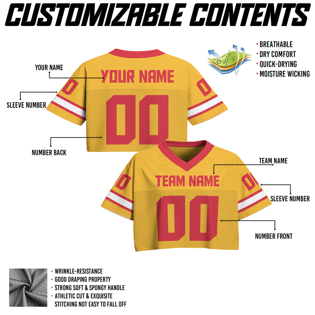Custom Gold Red Cropped Football Jersey, Personalized Women’s Game Day Outfit