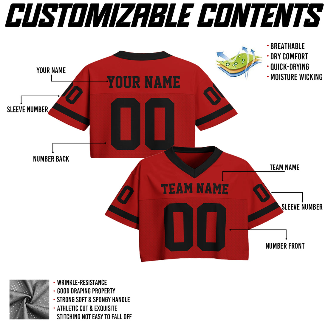 Custom Red Black Cropped Football Jersey, Women's Mesh Cropped Football Jersey for Streetwear