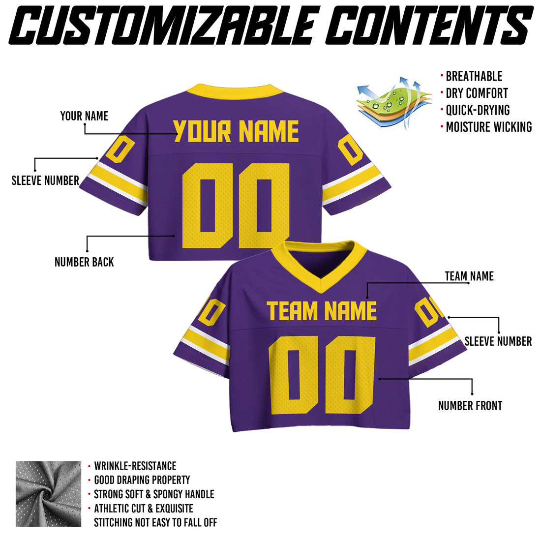 Custom Purple Gold Cropped Football Jersey, Personalized Game Day Outfit for Women Girl