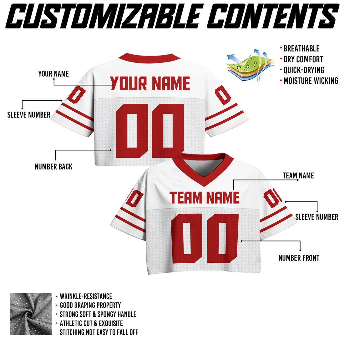 Custom White and Red Cropped Football Jersey, Personalized Women’s Game Day Top